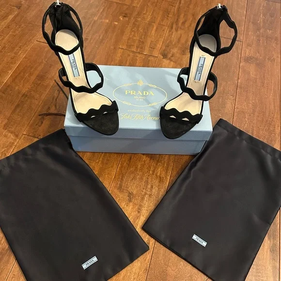 Prada Black Wavy Strap Suede Stilettos Heels Sandals Sz 36 - Picture 2 of 13
